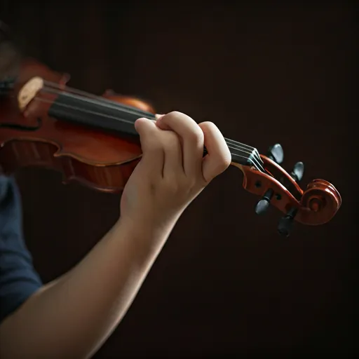 Bàn tay trẻ em đặt trên dây đàn violin